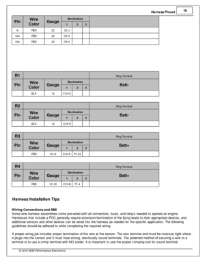 Page 19Harn ess P in out 1
8
© 2 016 A EM  P erfo rm ance E le ctr o nic s
P in
Wir e
C olo r
Gau ge
Destin atio n
 
1 2 3
In
RED
22
C2-J
     
Out
RED
22
C3-3
     
Out
RED
22
C9-4
     
       
R1
 
Rin g T erm in al
P in
Wir e
C olo r
Gau ge
Destin atio n
Batt-
1 2 3
  BLK
12
C13-G
     
R2
  Rin g T erm in al
P in
Wir e
C olo r
Gau ge
Destin atio n
Batt-
1 2 3
  BLK
12
C13-H
     
R3
  Rin g T erm in al
P in
Wir e
C olo r
Gau ge
Destin atio n
Batt+
1 2 3
  RED
12,1 2
C13-A
P1-2 4
   
R4
  Rin g T erm in al...