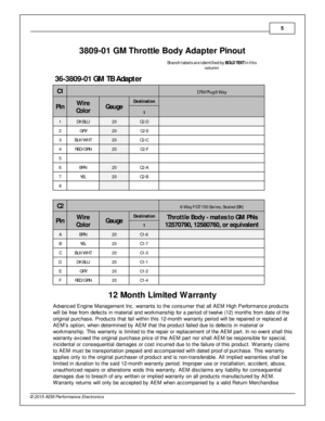 Page 55
© 2 015 A EM  P erfo rm ance E le ctr o nic s
43809-0 1 G M  T hro ttle  B ody A dap te r P in out
Bra nch  l a bels  a re  i d entifie d b y B O LD  T EX T i n  t h is
c o lu m n
3 6-3 809-0 1 G M  T B  A dap te r
C1
 
DTM  P lu g 8  W ay
P in
Wir e
C o lo r
Gau ge
Destin atio n
 
1
1 DK B LU
20
C2-D
 
2 GRY
20
C2-E
 
3 BLK /W HT
20
C2-C
 
4 RED /G RN
20
C2-F
 
5        
6 BRN
20
C2-A
 
7 YEL
20
C2-B
 
8        
C2
 
6-W ay F  G T 1 50 S e rie s, S e ale d ( B K)
P in
Wir e
C o lo r
Gau ge
Destin atio...