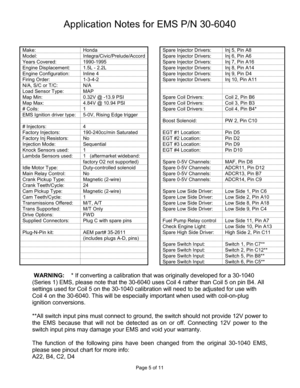 Page 5Page 5 of 11 
Application Notes for EMS P/N 30-6040   
 
Make:  Honda    Spare Injector Drivers:  Inj 5, Pin A8 
Model:  Integra/Civic/Prelude/Accord   Spare Injector Drivers:  Inj 6, Pin A6 
Years Covered:  1990-1995    Spare Injector Drivers:  I nj 7, Pin A16 
Engine Displacement:  1.5L - 2.2L    Spare Injector Drivers:  Inj 8, Pin A14 
Engine Configuration:  Inline 4    Spare Injector Driv ers:  Inj 9, Pin D4 
Firing Order:  1-3-4-2    Spare Injector Drivers:  Inj  10, Pin A11 
N/A, S/C or T/C:  N/A...