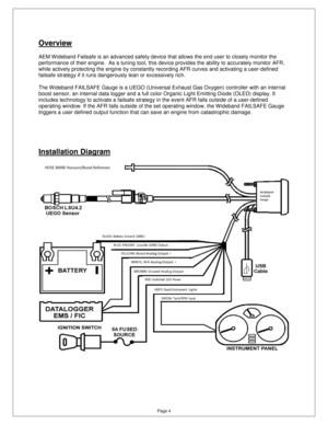 Page 3Page 4 
Overview 
  
AEM W ideband Failsafe is an advanced safety device that allows the end user to closely monitor the 
performance of their engine.  As a tuning tool, thi s device provides the ability to accurately monitor  AFR, 
while actively protecting the engine by constantly  recording AFR curves and activating a user-defined 
failsafe strategy if it runs dangerously lean or ex cessively rich. 
   
The Wideband FAILSAFE Gauge is a UEGO (Universal Ex haust Gas Oxygen) controller with an internal...