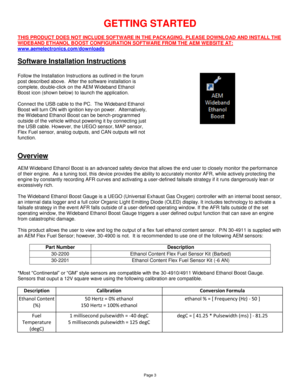 Page 2Page 3 
GETTING STARTED 
 
THIS PRODUCT DOES NOT INCLUDE SOFTWARE IN THE PACKAGING. PLEASE DOWNLOAD AND INSTALL THE 
WIDEBAND ETHANOL BOOST CONFIGURATION SOFTWARE FROM THE AEM WEBSITE AT: 
www.aemelectronics.com/downloads 
 
Software Installation Instructions 
 
Follow the Installation Instructions as outlined in the forum 
post described above.  After the software installation is 
complete, double-click on the AEM W ideband Ethanol 
Boost icon (shown below) to launch the application. 
 
Connect the USB...