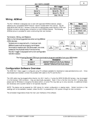 Page 66
10/2 5/2 016 -   D O CUM EN T N UM BER : 1 0-2 500
© 2 016 A EM  P erfo rm ance E le ctr o nic s
A
Q -1  D ATA  L O GGER
GPS
AQ -1  L o gge r
5V
5V  ( 1 00m A m ax) -  P in  2 0
Se ria l T x
Se ria l R x -   P in  1 7
Se ria l R x
Se ria l T x -  P in  1 6
Gnd
Gnd -  P in  1 8
Wir in g: A EM net
T he A Q -1  A EM net is  d esig ned o nly  to  w ork  w it h  a ppro ve d A EM net d evic es; p le ase
r e fe re nce th e  C om patib le  A EM  P ro ducts  s ectio n lo cate d w it h in  th is  m anual.   T he...