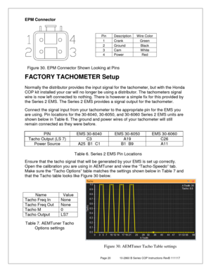 Page 20 Page 20  10-2860 B Series COP Instructions RevB 111117 
 
EPM Connector  
 
 
 
 
FACTORY TACHOMETER Setup  
 
Normally the distributor provides the input signal for the tachometer , but with the  Honda 
COP kit installed your car will  no longer  be  using a distributor. The tachometers signal 
wire is now left connected to nothing. There is however a simple fix  for this provided by 
the Series 2 EMS. The Series 2 EMS provides a signal output for the tachometer.   
Connect the signal input from your...