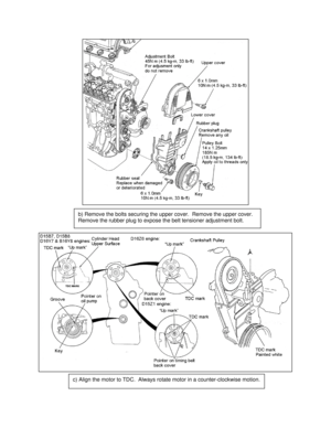 Page 4c) Align the motor to TDC.  Always rotate motor in a counter-clockwise motion.   
 
 
 
  
b) Remove the bolts securing the upper cover.  Remove the upper cover.  
Remove the rubber plug to expose the belt tensioner adjustment bolt.  
