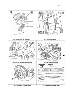 Page 5Page 5 of 6 
 
 
 
Fig 1 – Splash shield and access plug  Fig 2 – Front engine mount 
  Fig 3 – PS rear mounting / adjusting bolts  Fig 4 – PS front mounting bolt 
  
Fig 5 – Removal of crankshaft pulley  Fig 6 – Weld gap on crankshaft pulley  