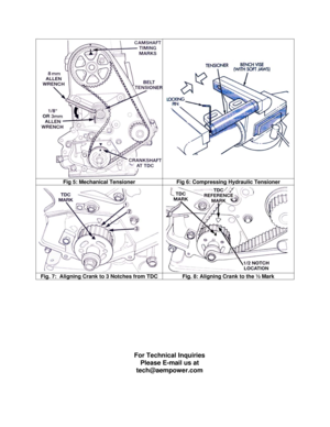 Page 7
 
 
Fig 5: Mechanical Tensioner Fig 6: Compressing Hydraulic Tensioner 
Fig. 7:  Aligning Crank to 3 Notches from TDC Fig. 8: Aligning Crank to the ½ Mark 
 
 
 
 
 
 
 
 
 
 For Technical Inquiries 
Please E-mail us at 
tech@aempower.com 
  