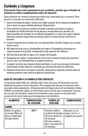 Page 2323
Cuidado y Limpieza 
Precaución: Para evitar quemaduras por accidente, permita que el Asad\
or de 
Contacto se enfríe completamente antes de limpiarlo.
Este producto no contiene piezas que deban ser reparadas por el usuario.\
 Para 
servicio, consulte con personal calificado.
1. Vacíe la bandeja de goteo. Lávela en la rejilla superior de la má\
quina lavaplatos o 
lave a mano en agua caliente jabonosa. Séquela bien.
2.   Para remover las placas, presione el botón a presión para liberar \
la placa,...