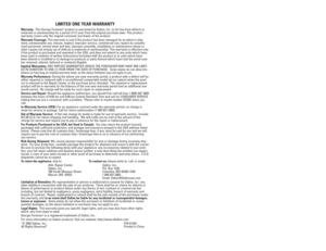 Page 16GEORGE FOREMAN
OWNER’S MANUAL
Model No. GF20G
®
LIMITED ONE YEAR WARRANTY
Warranty: This George Foreman®product is warranted by Salton, Inc. to be free from defects in
materials or workmanship for a period of (1) year from the original purchase date. This product
warranty covers only the original consumer purchaser of the product.
Warranty Coverage:This warranty is void if the product has been damaged by accident in ship-
ment, unreasonable use, misuse, neglect, improper service, commercial use, repairs...