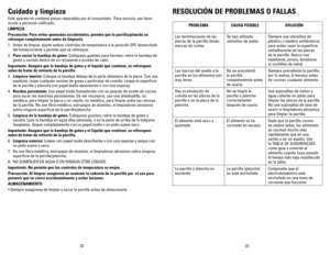 Page 12



Cuidado	y	limpieza
Este aparato no contiene piezas reparables por el consumidor.  Para servicio, por favor 
acuda a personal calificado.
LIMPIEZA
Precaución:	Para	evitar	quemadas	accidentales,	permita	que	la	parrilla/plancha	se	
refresque	completamente	antes	de	limpiarla.
.  Antes de limpiar, ajuste ambos controles de temperatura a la posición OFF, desenchufe 
del tomacorriente y permita que se refresque.
. Para	vaciar	la	bandeja	de	goteo: Colóquese guantes para hornear,...