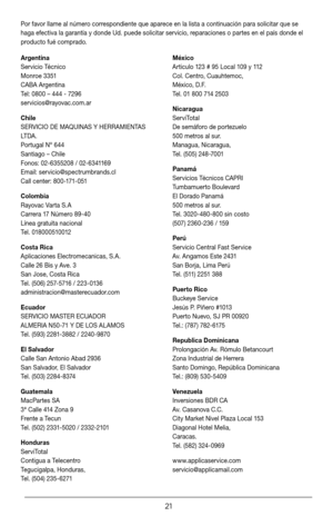 Page 2121
Por favor llame al número correspondiente que aparece en la lista a continuación para solicitar que se 
haga efectiva la garantía y donde Ud. puede solicitar servicio, reparaciones o partes en el país donde el 
producto fué comprado.
Argentina
 
Servicio Técnico 
Monroe 3351 
CABA Argentina 
Tel: 0800 – 444 - 7296 
servicios@rayovac.com.ar
Chile
 
SERVICIO DE MAQUINAS Y HERRAMIENTAS 
LT D A .
 
Portugal Nº 644 
Santiago – Chile 
Fonos: 02-6355208 / 02-6341169 
Email: servicio@spectrumbrands.cl 
Call...