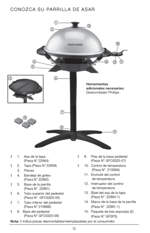 Page 1212





 


  


CONOZCA SU PARRILLA DE ASAR
Herramientas 
adicionales necesarias: 
Destornillador Phillips
†  1. Asa de la tapa   
    (Pieza N° 22864)
†  2. Tapa (Pieza N° 22859)
   3. Placas
†  4. Bandeja de goteo   
    (Pieza N° 22862)
†  5. Base de la parrilla   
    (Pieza N°  22861)
†  6. Tubo superior del pedestal   
    (Pieza N°  GFO3320-05)
†  7. Tubo inferior del pedestal   
    (Pieza N° 21098B)
†  8.   Base del pedestal   
    (Pieza N° GFO3320-06) † 
9. Pies de la base...