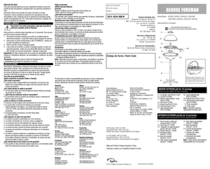 Page 2www.prodprotect.com/applica
INDOOR-OUTDOOR grill for 15 servings Product may vary slightly from what is illustrated.
INTERIOR-EXTERIOR parrilla de 15 porcionesEl producto puede variar ligeramente del que aparece ilustrado. 
E E .U U / C anadá 1- 8 0 0 -2 31- 978 6Accessorios/Partes 1-800-738-0245Registre su producto a www.prodprotect.com/applica
Model/Modelo:   GGR50B, GGR50R, GGR50BLK, GGR50GM,  
            GGR50GMQ, GGR50RQ, GGR50CBQ, GGR240L
2012/9/10 /44 E /S RV04© 2014 Applica Consumer Products,...