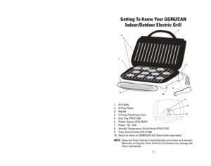 Page 55
Getting To Know Your GGR62CAN
Indoor/Outdoor Electric Grill
1. Grill Body
2. Grilling Plates
3. Handle
4. 3-Prong Plug/Power Cord 
5. Drip Tray (P/N 21156)
6. Plastic Spatula (P/N 20147)
7. Power “On” LED
8. Variable Temperature Control Knob (P/N 21157)
9. Timer Control Knob (P/N 21158)
10. Notch for Hook on GGR67CAN Grill Stand (sold separately)
NOTE:Allow the Timer Control to automatically count down to 0 minutes.
Manually turning the Timer Control to 0 minutes may damage the
Timer mechanism.
1.
2....