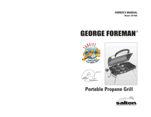 Page 1OWNER’S MANUAL
Model: GP160A
LIMITED ONE YEAR WARRANTY
Warranty: This George Foreman®product is warranted by Salton, Inc. to be free from defects in
materials or workmanship for a period of (1) year from the original purchase date. This product
warranty covers only the original consumer purchaser of the product.
Warranty Coverage:This warranty is void if the product has been damaged by accident in ship-
ment, unreasonable use, misuse, neglect, improper service, commercial use, repairs by unautho-
rized...