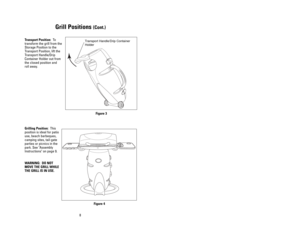 Page 717 8
Grill Positions (Cont.)
Transport Position:To
transform the grill from the
Storage Position to the
Transport Position, lift the
Transport Handle/Drip
Container Holder out from
the closed position 
and 
roll away
.
Grilling Position: This
position is ideal for patio
use, beach barbeques,
camping sites, tail-gate
parties or picnics in the
park. See Assembly
Instructions on page 9.
WARNING:  DO NOT
MOVE THE GRILL WHILE
THE GRILL IS IN USE.
Transport Handle/Drip Container
Holder
Instructions For...