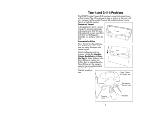 Page 7Take-It and Grill-It Positions
The GP324P Portable Propane Grill is compact enough to transport to any
grilling location. Take-It from storage to patio, to a picnic in the park, or off
on a camping trip. The portable Propane Grill easily transforms from the
Take-It to the Grill-It position.
Storage and Transport
In this position the Grill is compact
enough for space saving storage
and easy carrying. Both Grill Legs
fold neatly and securely around the
Grill Body and the Regulator
Assembly can be stored...