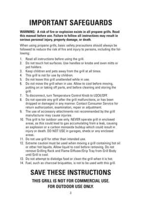Page 33
IMPORTANT SAFEGUARDS
WARNING:  A risk of fire or explosion exists in all propane grills. Read
this manual before use. Failure to follow all instructions may result in
serious personal injury, property damage, or death.
When using propane grills, basic safety precautions should always be
followed to reduce the risk of fire and injury to persons, including the fol-
lowing:
1. Read all instructions before using the grill.
2. Do not touch hot surfaces. Use handles or knobs and oven mitts or
pot holders....