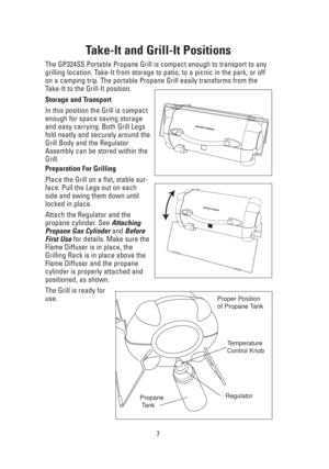 Page 7Take-It and Grill-It Positions
The GP324SS Portable Propane Grill is compact enough to transport to any
grilling location. Take-It from storage to patio, to a picnic in the park, or off
on a camping trip. The portable Propane Grill easily transforms from the
Take-It to the Grill-It position.
Storage and Transport
In this position the Grill is compact
enough for space saving storage
and easy carrying. Both Grill Legs
fold neatly and securely around the
Grill Body and the Regulator
Assembly can be stored...