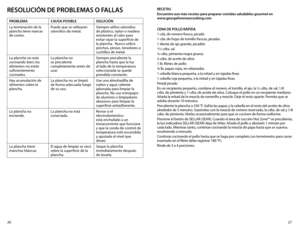 Page 1427
26
RESOLUCIÓN DE PROBLEMAS O FALLAS
PROBLEMA CAUSA POSIBLE SOLUCIÓN
La terminación de la 
plancha tiene marcas 
de cortes. Puede	
que	se	utilizaran	
utensilios de metal. Siempre	
utilice	utensilios	
de plástico, nylon o madera 
resistentes al calor para 
evitar rayar la superficie de 
la	 plancha.		 Nunca	utilice	
pinchos, pinzas, tenedores o 
cuchillos de metal.
La plancha no está 
cocinando bien; los 
alimentos no están 
suficientemente 
cocinados. La plancha no 
se precalentó 
completamente antes...