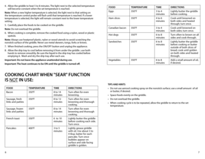 Page 47
6
4. 
Allow the griddle to heat 5 to 8 minutes. The light next to the selected temperature 
will become constant when the set temperature is reached.
Note: When a new higher temperature is selected, the light next to that setting on 
the temperature control probe will flash until that temperature is reached. If a lower 
temperature is selected, the light will remain constant next to the lower temperature 
setting. 
5.  Carefully place the foods to be cooked on the griddle.
Note: Do not overload the...