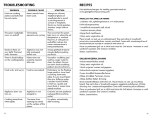 Page 916
15
TROUBLEShOOTING
PROBLEM
POSSIBLE CAUSE SOLUTION
Finish on cooking 
plates is scratched or 
has cut marks.  Metal utensils have 
been used.
Always use silicone, 
heatproof plastic or 
wood utensils to avoid 
scratching nonstick 
surface of the plates.  
Never	
use	metal	 spatulas,	
skewers, tongs, forks or 
knives.
The green ready light 
turns on and off. The heating 
elements are cycling. This is normal. The green 
light turns on when the set 
temperature is reached. 
However,	
it	will	 cycle	 on...