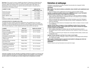 Page 917
16
Remarque : Pour assurer la cuisson complète des aliments, le Department of Agriculture des 
États Unis recommande que la viande et la volaille soient cuites aux températures internes 
suivantes.	
Utiliser	une	minuterie.	 Pour	s’assurer	 que	la	viande	 est	bien	 cuite,	 utiliser	 un	
thermomètre	 à	cuisson	 et	l’insérer	 au	centre	 du	morceau	 de	viande,	 en	s’assurant	 qu’il	ne	
touche	 pas	l’os	ni	les	 plaques	 du	gril.	
CUISSoN de FRUITS e T lÉGUMeS SUR le GRIl
Les temps de cuisson suivants sont...