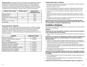 Page 1019
18
Tenga en cuenta: Para asegurarse de que su alimento esté completamente cocinado, 
el Departamento de Agricultura de los Estados Unidos (United States Department 
of Agriculture, USDA) recomienda las siguientes pautas. Use un reloj automático 
de cocina. Use un termómetro para carnes para comprobar si el alimento está listo 
insertando el termómetro para carnes en el centro del alimento que está cocinando  
y asegúrese de que el termómetro no toque el hueso o las placas de la parrilla.
ALIMENTO PARA...