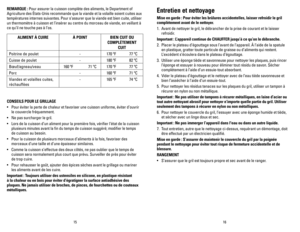 Page 9
1615
REMARQUE : Pour assurer la cuisson complète des aliments, le Department of 
Agriculture des États-Unis recommande que la viande et la volaille soient cuites aux 
températures internes suivantes. Pour s’assurer que la viande est bien cuite, utiliser 
un thermomètre à cuisson et l’insérer au centre du morceau de viande, en veillant à 
ce qu’il ne touche pas à l’os.
ALIMENT À CUIREÀ POINTBIEN CUIT OU 
COMPLÈTEMENT 
CUIT
Poitrine de poulet-170 ºF             77 ºC
Cuisse de poulet-180 ºF             82...