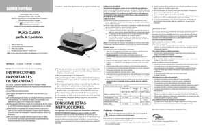 Page 1USA/Canada 1-800-231-9786 
Accesorios/Partes 1-800-738-0245 
Registre su producto en www.prodprotect.com/applica
Para deliciosas recetas y consejos  visite: www.georgeforemancooking.com
 Añadanos a su Facebook:  
Facebook.com/georgeforemanhealthycooking
El producto  puede variar ligeramente del que aparece ilustrado aquí.
 1.  Tapa de la parrilla
 2.  Luz indicadora de funcionamiento
 3.  Placas de la parrilla
†  4.  Bandeja de grasa (Pieza N° 1224E-01-B)
Nota: † indica piezas desmontables/reemplazables...