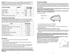 Page 5
8
9

USING	ThE	BUN	WARMER
The grills come equipped with a bun warmer. You can use this feature to warm various 
kinds of bread products (hamburger buns, breakfast biscuits, English muffins, tortillas, pita 
bread, sliced bagels and mini croissants). For example, if you are cook\
ing hamburgers, 
you can place your hamburger buns inside the bun warmer to warm them whi\
le you cook 
the hamburgers! 
Caution:	The	bun	warmer	should	be	used	to	warm	bread	products	only.	It	will	not	cook	or	
grill	any	item.	It...