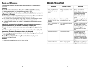 Page 6
0


TROUBLEShOOTING
PROBLEMPOSSIBLE	CAUSESOLUTION
Finish on grill plates is 
scratched or has cut 
marks.
Metal utensils have been 
used.
Always use heatproof 
plastic, nylon or wood 
utensils to avoid scratching 
nonstick surface of grill 
plates.  Never use metal 
skewers, tongs, forks or 
knives.
Grill marks on food are 
very light. The food looks 
steamed.
Grill was not fully 
preheated before use.
Always preheat grill at least 
5 minutes before cooking any 
foods.
There is food...