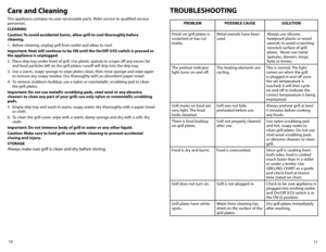 Page 611
10
Care and Cleaning
This appliance contains no user-serviceable parts. Refer service to qualified service 
personnel.
CLEANING
Caution: To avoid accidental burns, allow grill to cool thoroughly before 
cleaning.
1. 
Before cleaning, unplug grill from outlet and allow to cool.
Important: h eat will continue to be ON until the On/Off (I/O) switch is pressed or 
the appliance is unplugged.
2.  Place drip tray under front of grill. Use plastic spatula to scrape off any excess fat 
and	 food	 particles...