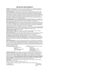 Page 16!
MANUEL D’UTILISATION 
Modéle No. GR26CB
GR26BLK
GR26CBRD
LA « MACHINE À GRILLADES »
POUR CUISINE-SANTÉ
GEORGE FOREMAN
®
LIMITED ONE YEAR WARRANTY
Warranty: This George Foreman®product is warranted by Salton, Inc. to be free from defects in
materials or workmanship for a period of (1) year from the original purchase date. This product
warranty covers only the original consumer purchaser of the product.
Warranty Coverage:This warranty is void if the product has been damaged by accident in ship-
ment,...