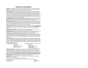Page 16MANUEL D’UTILISATION 
Modéle N° GR28WHT
LA « MACHINE À GRILLADES »
POUR CUISINE-SANTÉ
GEORGE FOREMAN
®
LIMITED ONE YEAR WARRANTY
Warranty: This George Foreman®product is warranted by Salton, Inc. to be free from defects in
materials or workmanship for a period of (1) year from the original purchase date. This product
warranty covers only the original consumer purchaser of the product.
Warranty Coverage:This warranty is void if the product has been damaged by accident in ship-
ment, unreasonable use,...