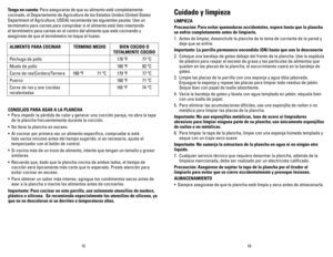 Page 9
1615
Tenga	en 	cuenta: 	Para asegurarse de que su alimento esté completamente 
cocinado, el Departamento de Agricultura de los Estados Unidos (United States 
Department of Agriculture, USDA) recomienda las siguientes pautas. Use un 
termómetro para carnes para comprobar si el alimento está listo insertando 
el termómetro para carnes en el centro del alimento que está cocinando y 
asegúrese de que el termómetro no toque el hueso.
CONSEJOS	 PARA	ASAR	 A	LA	 PLANChA
• Para impedir la pérdida de calor y...