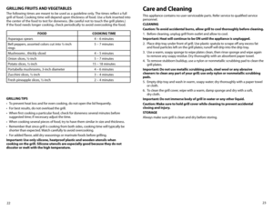 Page 1223
22
GRILLING TIPS
•	 To	prevent	heat	loss	and	for	even	cooking,	do	not	open	the	lid	frequently.
•	 For	best	results,	do	not	overload	the	grill.
•	 When	first	cooking	a	particular	food,	check	for	doneness	several	minutes	before
	
suggested	time;	if	necessary	adjust	the	time.
•	 When	cooking	several	pieces	of	food,	try	to	have	them	similar	in	size	and	thickness.
•	 Remember	that	since	grill	is	cooking	from	both	sides,	cooking	time	will	typically	be 	
shorter than expected. Watch carefully to avoid...