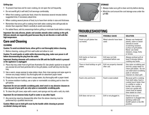 Page 6
109
Grilling	tips:
•   To prevent heat loss and for even cooking, do not open the Lid frequently.
•  Do not overfill grill; it will hold 2 to 6 servings comfortably.
•  When first cooking a particular food, check for doneness several minutes before 
suggested time; if necessary adjust time.
•  When cooking several pieces of food, try to have them similar in size and thickness.
•  Remember that since grill is cooking from both sides cooking time will typically be 
shorter than expected. Watch carefully...