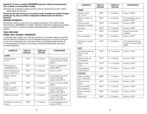 Page 1223
22
Importante: El calor se mantiene ENCENDIDO hasta que el botón de func\
ionamiento  
(   ) se oprime o se desenchufe la unidad.
10.  Permita que la bandeja de goteo se enfríe antes de retirarla de la pa\
rrilla. Lávela y 
séquela luego de cada uso.
Precaución: No retire las placas de la parrilla cuando la unidad esté\
 caliente. Siempre 
permita que las placas se enfríen a temperatura ambiental antes de re\
tirarlas o 
limpiarlas.
APAGADO AUTOMÁTICO 
Esta parrilla cuenta con una función de apagado...