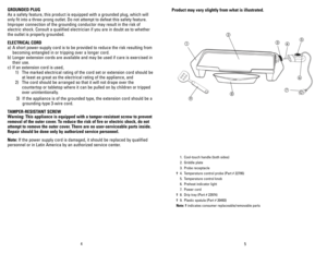 Page 3
4
5

GROUNDED PLUG
As a safety feature, this product is equipped with a grounded plug, which will 
only fit into a three-prong outlet. Do not attempt to defeat this safety feature. 
Improper connection of the grounding conductor may result in the risk of 
electric shock. Consult a qualified electrician if you are in doubt as to whether 
the outlet is properly grounded.
ELECTRICAL CORD
a) A short power-supply cord is to be provided to reduce the risk resulting from 
becoming entangled in or tripping over...
