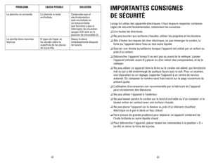 Page 12



PROBLEMACAUSA	POSIBLESOLUCIÓN
La plancha no enciende.La plancha no está 
enchufada.
Compruebe que el 
electrodoméstico 
esté enchufado en 
un tomacorriente 
que funcione y que el 
interruptor de encender/
apagar (I/O) esté en la 
posición de encendido (I).
La parrilla tiene manchas 
blancas.
El agua de fregar se 
ha secado sobre la 
superficie de las placas 
de la parrilla.
Seque la placa 
inmediatamente después 
de lavarla.
IMPORTANTES	 CONSIGNES		
DE	SÉCURITÉ
Lorsqu’on utilise...