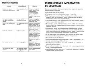 Page 6
0


INSTRUCCIONES	IMPORTANTES		
DE	SEGURIDAD	
Cuando se usan aparatos eléctricos, siempre se deben respetar las siguientes 
medidas básicas de seguridad:
❑	Por favor lea todas las instrucciones.
❑	No toque las superficies calientes. Use las asas o las perillas.  
❑	A fin de protegerse contra un choque eléctrico y lesiones a las personas, no 
sumerja el cable, los enchufes ni el aparato (con excepción de las placas 
desmontables) en agua ni en ningún otro líquido.
❑	Todo aparato eléctrico...