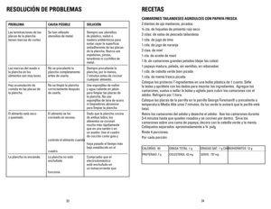 Page 18
3433
RESOLUCIÓN DE PROBLEMAS
PROBLEMA  CAUSA POSIBLE SOLUCIÓN
Las terminaciones de las   Se han utilizado   Siempre use utensilios  
placas de la plancha   utensilios de metal.  de plástico, nailon o   
tienen marcas de cortes.     madera antitérmicos para  
  evitar rayar la superficie  
   antiadherente de las placas  
   de la plancha. nunca use  
   espetones, pinzas,    
   tenedores ni cuchillos de  
   metal.
Las marcas del asado a   no se precalentó la   Siempre precaliente la  
la plancha en...