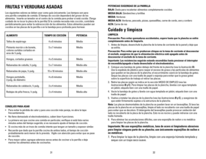 Page 17
3231
FRUTAS	Y 	v ERDURAS 	ASADAS
Los siguientes valores se deben usar como guía únicamente. Los tiempos son para 
una parrilla completa de comida. El tiempo de cocción dependerá del grosor de los 
alimentos.  Inserte un tenedor en el centro de la comida para probar si está cocida. (Tenga 
cuidado de no tocar la placa de la parrilla) Si la comida necesita más cocción, contrólela 
periódicamente para evitar la sobrecocción de los alimentos. Estos alimentos pueden ser 
cocidos en las placas de la parrilla...