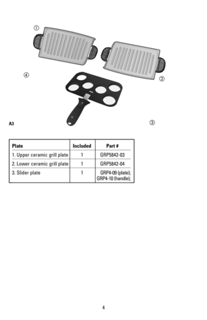 Page 54
Plate Included Part #
1. Upper ceramic grill plate  1 GRP5842-03
2. Lower ceramic grill plate  1 GRP5842-04
3. Slider plate  1 GRP4-09 (plate); 
  GRP4-10 (handle);
A3



 