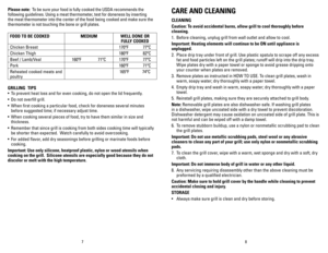 Page 5
87
CARE AND CLEANING
CLEANING
Caution: To avoid accidental burns, allow grill to cool thoroughly before 
cleaning.
1. Before cleaning, unplug grill from wall outlet and allow to cool.
Important: heating elements will continue to be ON until appliance is 
unplugged.
2. Place drip tray under front of grill. Use plastic spatula to scrape off \
any excess 
fat and food particles left on the grill plates; runoff will drip into the drip tray. 
Wipe plates dry with a paper towel or sponge to avoid grease...