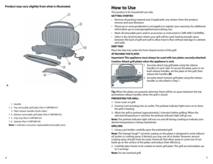 Page 35
4
Product may vary slightly from what is illustrated. h ow to Use
This product is for household use only.
GETTING STARTED
•	 Remove	all	packing	material	and,	if	applicable,	any	stickers	from	the	product; 	
remove and save literature.
•	 Please	go	to	www.prodprotect.com/applica	to	register	your	warranty;	for	additional 	
information go to www.georgeforemancooking.com.
•	 Wash	all	removable	parts	and/or	accessories	as	instructed	in	CARE	AND	CLEANING.
•	 Select	a	dry,	level	location	where	your	grill	will...