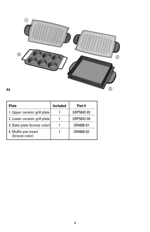 Page 54
Plate Included Part #
1. Upper ceramic grill plate  1 GRP5842-03
2. Lower ceramic grill plate  1 GRP5842-04
3. Bake plate (bronze color)  1 GR4800-01
4. Muffin pan insert  1 GR4800-02   
    (bronze color)
A3



 