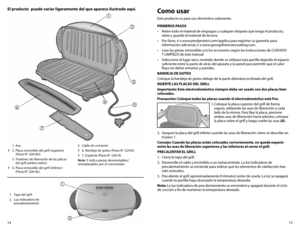 Page 81415
El producto  puede variar ligeramente del que aparece ilustrado aquí.
 1. Asa
† 2. Placa removible del grill (superior)  
  (Pieza	 N°	22618U)
  3. Tiradores de liberación de las placas  
    del grill (ambos lados)
† 4. Placa removible del grill (inferior)  
   (Pieza	 N° 22618L) 5. 
Cable de corriente
† 6. Bandeja de goteo (Pieza	 N° 22545)
† 7. Espátula (Pieza	 N° 22619)
Nota: † indica piezas desmontables/
reemplazables por el consumidor
Como usar
Este producto es para uso doméstico solamente....