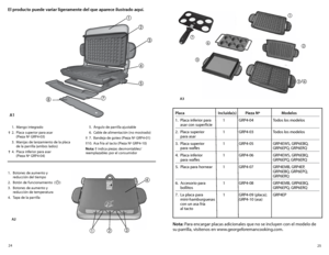 Page 1325
24
Nota: Para encargar placas adicionales que no se incluyen con el modelo de 
su parrilla, visítenos en www.georgeforemancooking.com.
Placa 
Incluída(s) Pieza Nº  Modelos
1.  Placa inferior para   1 GRP4-04  Todos los modelos 
asar con superficie
2.  Placa superior  1 GRP4-03  Todos los modelos 
para asar 
3.  Placa superior   1 GRP4-05  GRP4EWS, GRP6EBQ,  
para wafles      GRP6EPQ, GRP6ERQ 
4.  Placa inferior    1 GRP4-06  GRP4EWS, GRP6EBQ,  
para wafles      GRP6EPQ, GRP6ERQ 
5.  Placa para hornear...