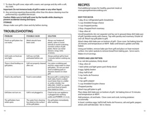 Page 815
14
7. 
To clean the grill cover, wipe with a warm, wet sponge and dry with a soft, 
dry cloth.
Important: Do not immerse body of grill in water or any other liquid.
8.  Any servicing requiring disassembly other than the above cleaning must be 
preformed by a qualified electrician.
Caution: Make sure to hold grill cover by the handle while cleaning to 
prevent accidental closing and injury.
STORAGE
Always make sure grill is clean and dry before storing.
TROUBLEShOOTING
PROBLEM  POSSIBLE CAUSE SOLUTION...